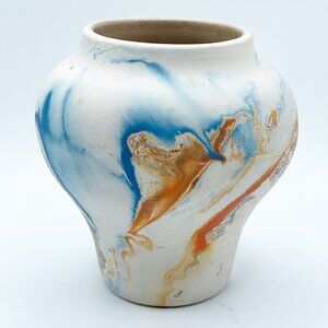 Nemadji Vintage "Indian" Pottery Ceramic Blue Orange Swirl Vase Minnesota USA